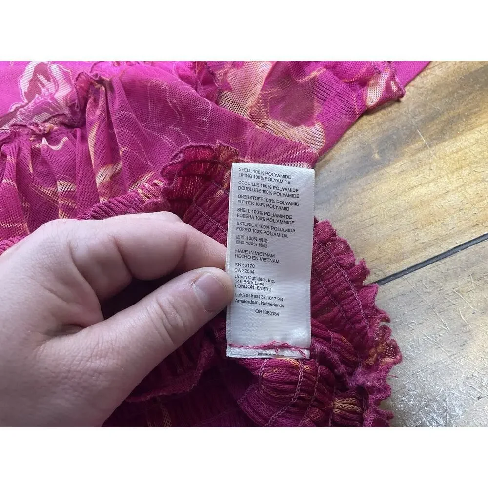 Free People Time For Shine Mesh Cropped Smocked Pink Purple Floral Blouse Top L